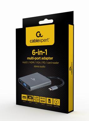 Adapteris Gembird 6 in 1 A-CM-COMBO6-01 USB Type-C, Hub3.1 / HDMI / VGA / PD / card reader / stereo audio, pelēka krās.