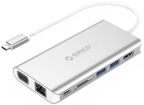 USB šakotuvas Extra Digital XC-304 USB-C male, HDMI/2 x USB 3.0/SD/USB-C/RJ-45/VGA female, 0.15 m, sidabro sp.