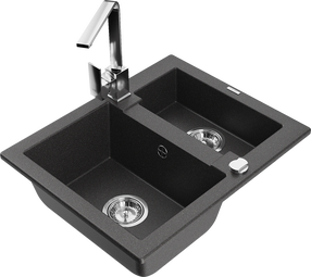Virtuvinė plautuvė Mexen Carlos 6518581500-76+670300-00, granitas, 58 cm x 47 cm x 17.7 cm, black granite+chrome sp.