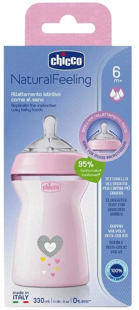 Bērnu pudelīte Chicco NaturalFeeling, 350 ml, 6+ mēn., rozā krās.
