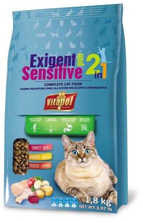 Sausas kačių maistas Vitapol Exigent Sensitive 2 in 1, vištiena/kalakutiena, 1.8 kg