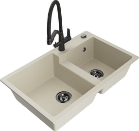 Plautuvė su virtuviniu maišytuvu Mexen Tomas Beige+Black, granitas, 80 cm x 50 cm x 19 cm, beige+black sp.