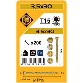 Puidukruvi, universaalsed Forte Tools TX15, 3.5 x 30 mm, kollane v., 200 tk