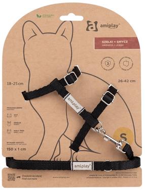 Kačių petnešos su pavadėliu Amiplay Samba, 150 cm x 15 mm, juoda sp.