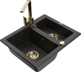 Virtuvinė plautuvė Mexen Carlos 6518581500-75+670300-50+66921-50, granitas, 58 cm x 47 cm x 17.7 cm, metallic black/gold+gold sp.