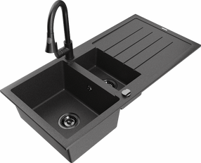 Plautuvė su virtuviniu maišytuvu Mexen Andres Black granite+Black, granitas, 100 cm x 50 cm x 20 cm, black granite+black sp.