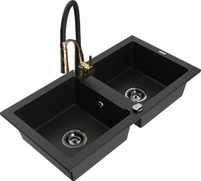 Кухонный умывальник с кухонным смесителем Mexen Mario Black+Black/Gold, гранит, 82 см x 43 см x 16.1 см, black+black/gold цв.