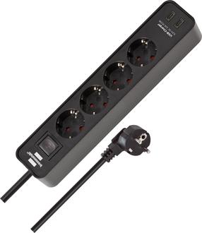 Buitinis ilgintuvas Brennenstuhl, 3 x 1,5 mm², 1.5 m, 4 lizdų, 2USB, su jungikliu, juoda sp.