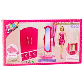 Lėlių namo baldas, rinkinys Lean Toys Wardrobe & Mirror, balta sp./rožinė sp.
