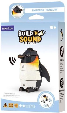 Medinė 3D dėlionė MierEdu Build And Listen Emperor Penguin, 11 cm x 3.5 cm, 31 vnt., balta sp./juoda sp.