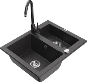 Virtuvinė plautuvė Mexen Carlos 6518581500-76+670200-76, granitas, 58 cm x 47 cm x 17.7 cm, black granite col.