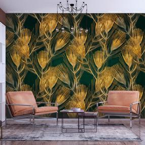 Fototapetas Artgeist Golden Peacock Feathers - Solid Background With Bird Pattern On Green Background, 315 cm x 450 cm