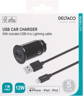 Auto telefona lādētājs Deltaco USB-CAR130, Lightning/USB Type A, melna krās., 12 W