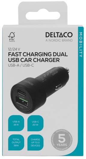 Auto telefona lādētājs Deltaco USBC-CAR122, USB Type C/USB Type A, melna krās., 36 W