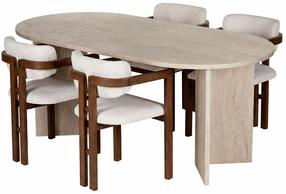 Valgomojo komplektas Kalune Design Meridia 4, balta sp./riešuto sp./travertine sp.