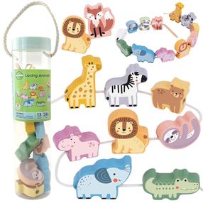 Koka rotaļlieta, auklu vēršanas komplekts Woopie Montessori Zoo, daudzkrāsaina, 13 gab.