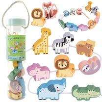 Medinis žaislas, virvelių vėrimo rinkinys Woopie Montessori Zoo, įvairių spalvų, 13 vnt.