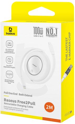 Laidas Baseus Free2Pull Mini, 2 x USB Type C, 200 cm, balta sp., 100 W