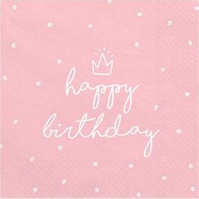 Popierinės servetėlės Party Deco Happy Birthday, 33 cm x 33 cm, balta sp./rožinė sp., 20 vnt.