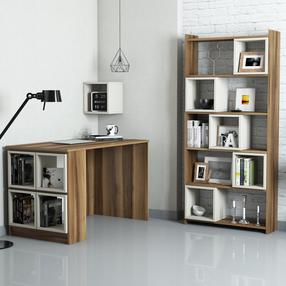 Biuro baldų komplektas Kalune Design Box Desk & Bookshelf & Wall Shelf, kreminė sp./riešuto sp., 170 cm x 22 cm x 80 cm