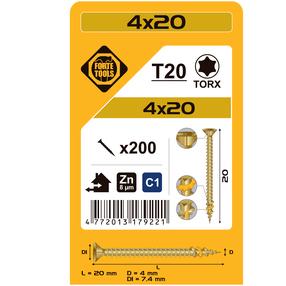 Koka skrūve, universāls Forte Tools TX20, 4 x 20 mm, dzeltena krās., 200 gab.
