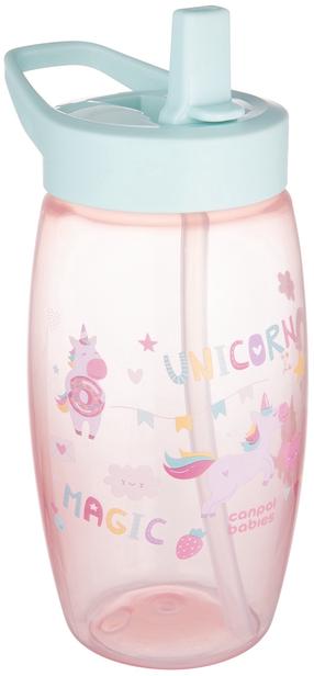 Dzeramā pudele ar silikona salmiņu Canpol Babies Unicorns, 400 ml, 3. g., plastmasa/silikons, rozā krās.