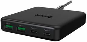 Telefona lādētājs Swissten Desktop, 2 x USB Type C /2 x USB Type A, 9.1 cm, melna krās., 65 W