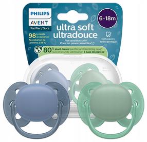 Набор пустышек Philips Avent Ultra Soft, 6+ мес., синий цв./зеленый цв.