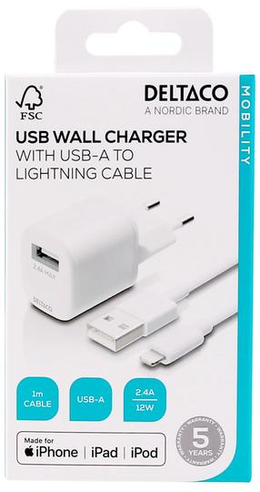 Зарядное устройство для телефона Deltaco USB-AC181, Lightning/USB Type A, белый цв., 12 Вт
