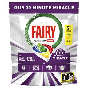 Trauku mazgājamās mašīnas kapsulas Fairy Platinum+ Allin1 Minute Miracle, 31 gab.