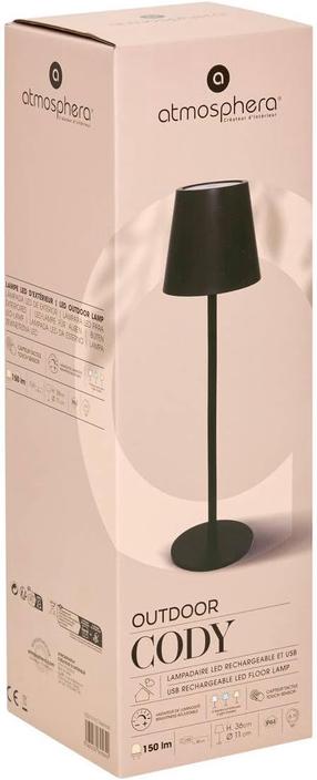 Āra galda lampa Atmosphera Cody, LED, IP44, melna krās., 11 cm x 37 cm