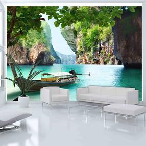 Fototapetas Artgeist Abandoned Boat - Tropical Landscape with a Boat amidst Rocky Cliffs 5XLNEW010248SAM, 315 cm x 441 cm