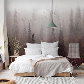 Fototapetas Artgeist Bird'S Flight Over Treetops - Landscape Of A Dark Forest In Fog, 210 cm x 294 cm