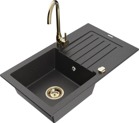 Virtuvinė plautuvė Mexen Pablo 6510751010-76+670200-50+66911-50, granitas, 75 cm x 43 cm x 16.1 cm, black granite+gold sp.