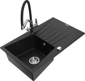 Кухонный умывальник с кухонным смесителем Mexen Cesar Black+Black/Chrome, гранит, 77 см x 47 см x 20 см, черный цв./хромовый цв.