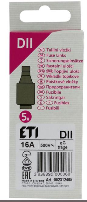 Предохранитель ETI DII/GG, 500 В, 16 а, 5 шт.