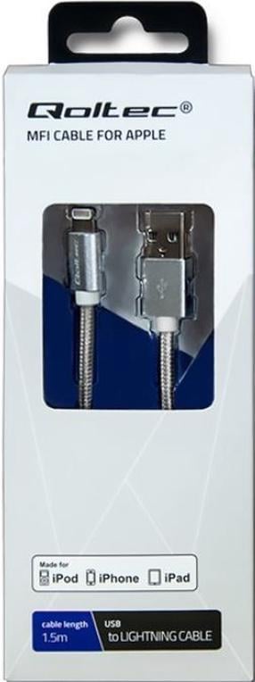 Telefono įkroviklis Qoltec RG59, USB 2.0 Type A/Apple Lightning, sidabro