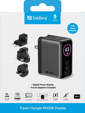 Дорожное зарядное устройство Sandberg 441-70, USB Type A/Europlug/UK Plug/2 x USB Type C, черный цв., 65 Вт
