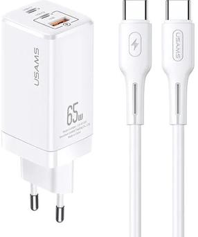 Telefoni laadija Usams MTXLOGTC02 + USB-C cable, USB/2 x USB-C, valge v., 65 W