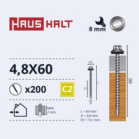 Саморез Haushalt DIN 7504K, 4.8 мм x 60 мм, 200 шт.