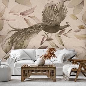 Fototapetas Artgeist Bird Among The Leaves - Floral Motif With A Flying Peacock In Cool Tones, 280 cm x 400 cm