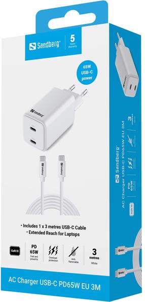 Telefoni laadija Sandberg 441-76, 2 x USB Type C, valge v., 65 W