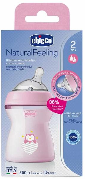 Bērnu pudelīte Chicco NaturalFeeling, 250 ml, 2 mēn., rozā krās.