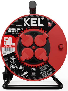 Удлинитель на катушке Kel Professional Line H05RR-F, 3 x 1,5 mm², 50 м, IP44, 4 розетки, черный цв./красный цв.