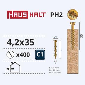 Саморез по дереву, для плит osb Haushalt PH, 4.2 x 35 мм, желтый цв., 400 шт.