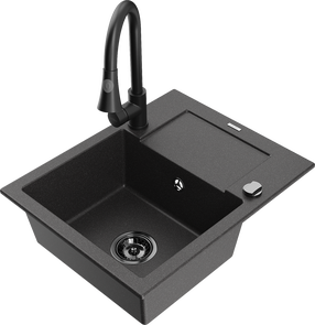 Plautuvė su virtuviniu maišytuvu Mexen Enzo Black granite+Black, granitas, 57 cm x 46 cm x 17.4 cm, black granite+black sp.
