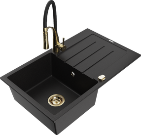 Plautuvė su virtuviniu maišytuvu Mexen Bruno Black+Black/Gold, granitas, 79 cm x 49 cm x 20 cm, black+black/gold sp.