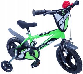 Bērnu velosipēds ar papildus riteņiem, bērnu KUBIsport Dino bikes R88, melna krās./zaļa krās., 12"