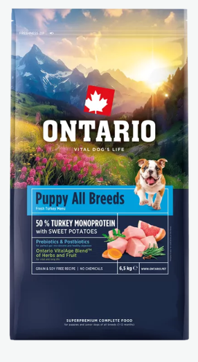 Kuiv koeratoit Ontario All Breeds Puppy Monoprotein, kalkun/magus kartul, 6.5 kg