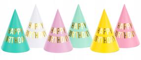 Cepure, komplekts PartyDeco Happy Birthday, daudzkrāsaina, 16 cm, 6 gab.